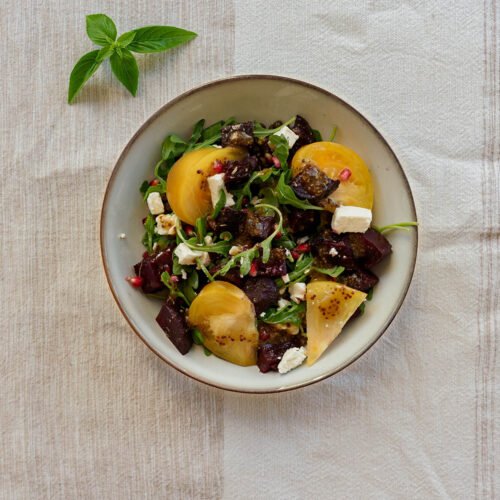 Salad, lentils, beets, feta, tomato